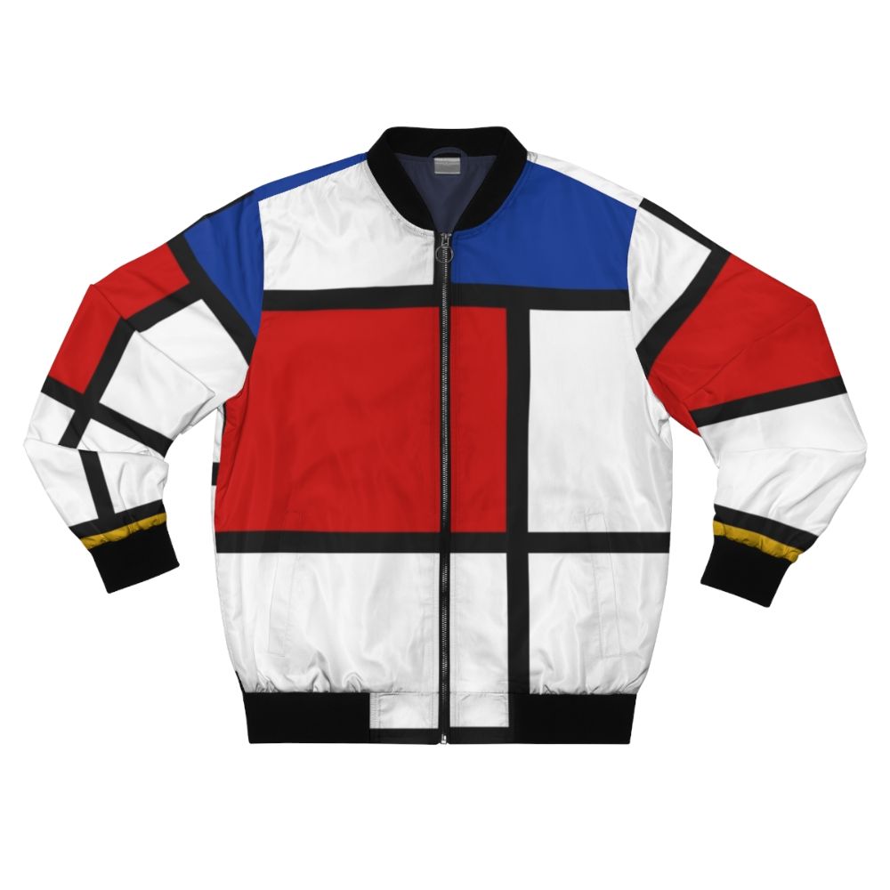 A men's bomber jacket with a Mondrian-inspired abstract geometric pattern in primary colors of red, yellow, and blue.