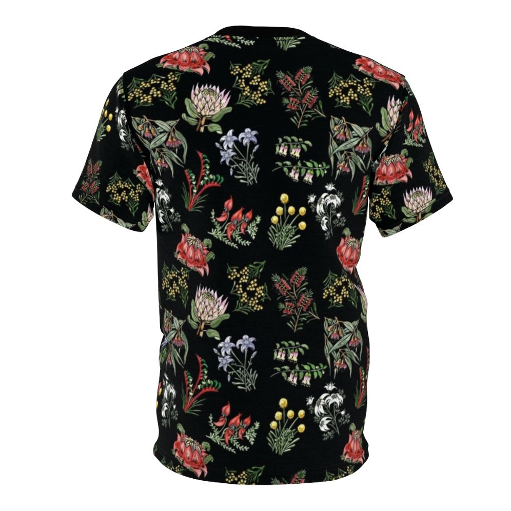 Lino print t-shirt featuring a colorful arrangement of native Australian flowers including wattle, flowering gum, and kangaroo paw. - Back