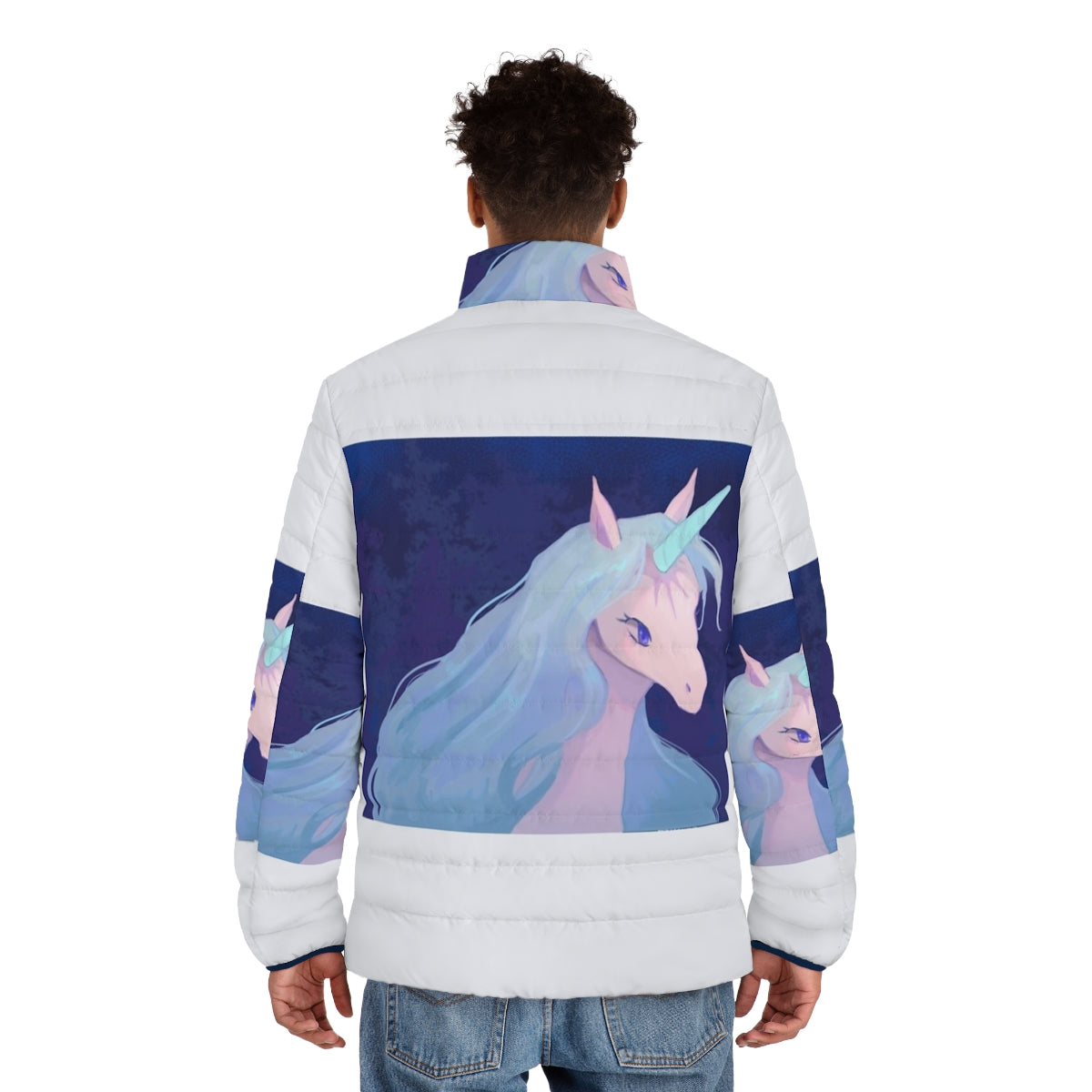 The Last Unicorn Illustration Puffer Jacket featuring a magical unicorn in a fantasy setting - men back