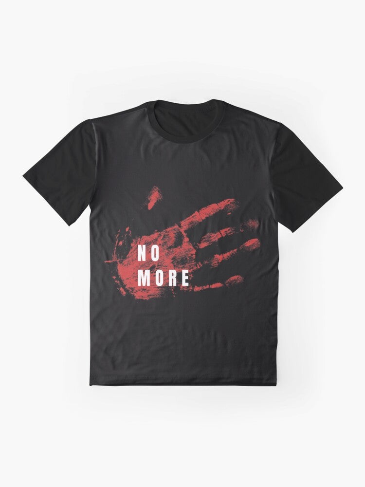 T-shirt design featuring text "No More Stolen Sisters" and a red hand symbol to raise awareness for missing and murdered indigenous women. - Flat lay