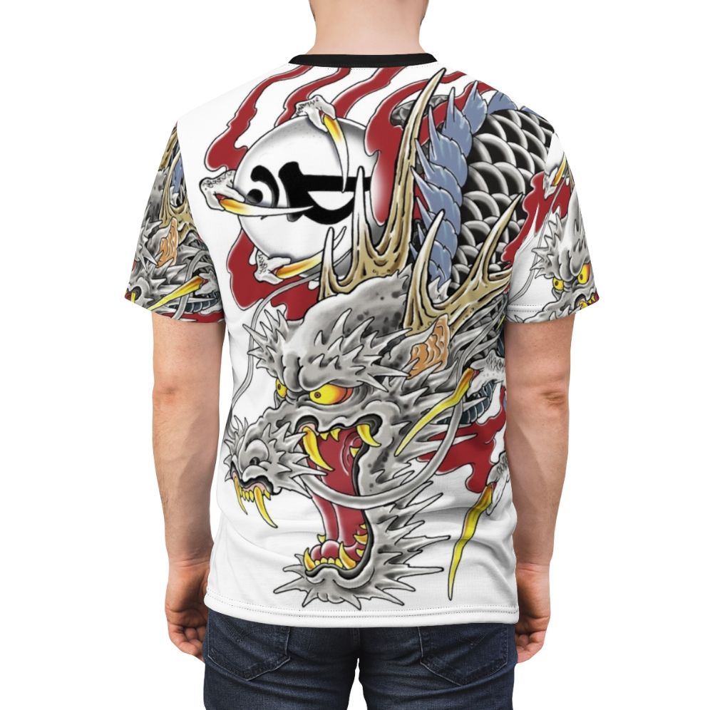 Japanese tattoo inspired Kazuma Kiryu t-shirt design featuring the iconic dragon tattoo - men back