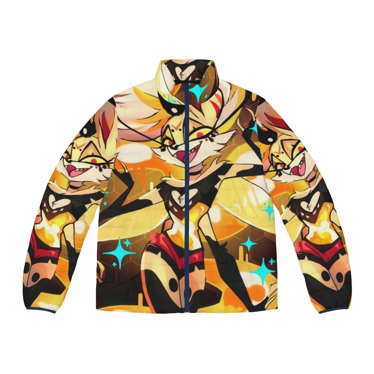 Beelzebub Helluva Boss inspired fiery puffer jacket with cartoon character design