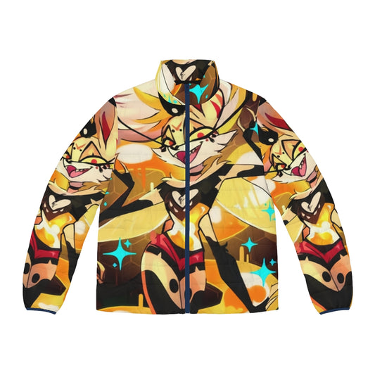 Beelzebub Helluva Boss inspired fiery puffer jacket with cartoon character design