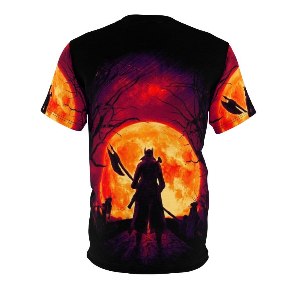 Eerie t-shirt design featuring a blood moon and night hunter from the Bloodborne video game - Back