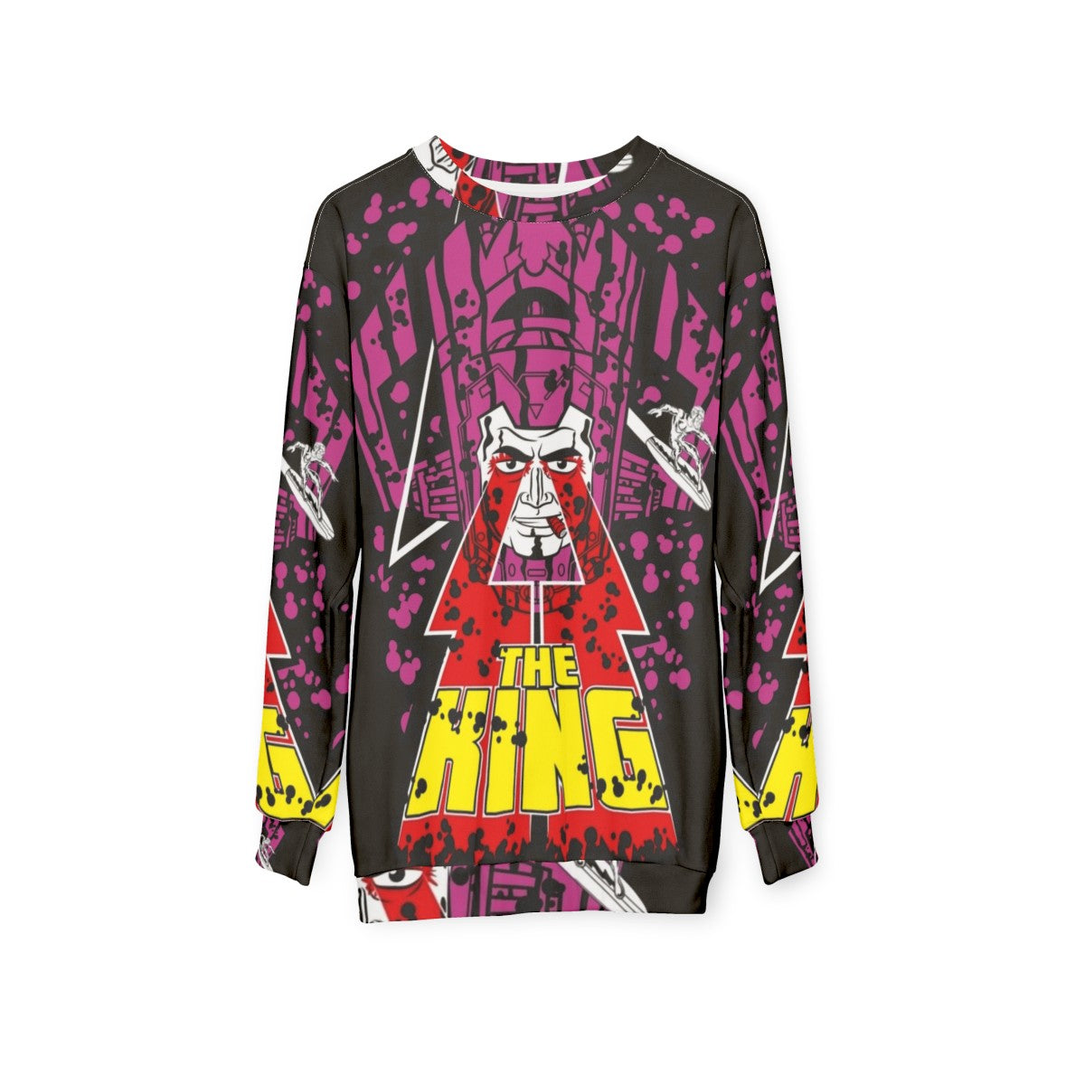 The King Sweatshirt featuring cosmic superheroes from Marvel and DC comics - hanging