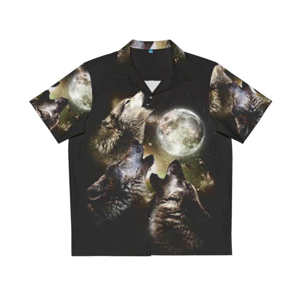 Three wolves howling at the moon on a Hawaiian-style tropical shirt