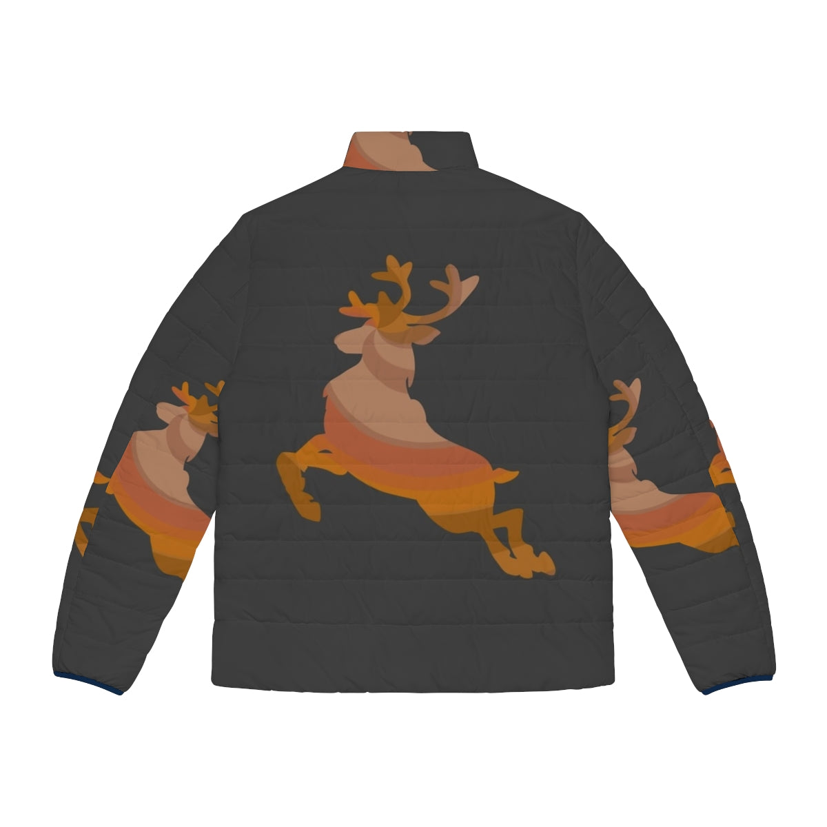 Reindeer puffer jacket with abstract, colorful design featuring legendary animals - Back