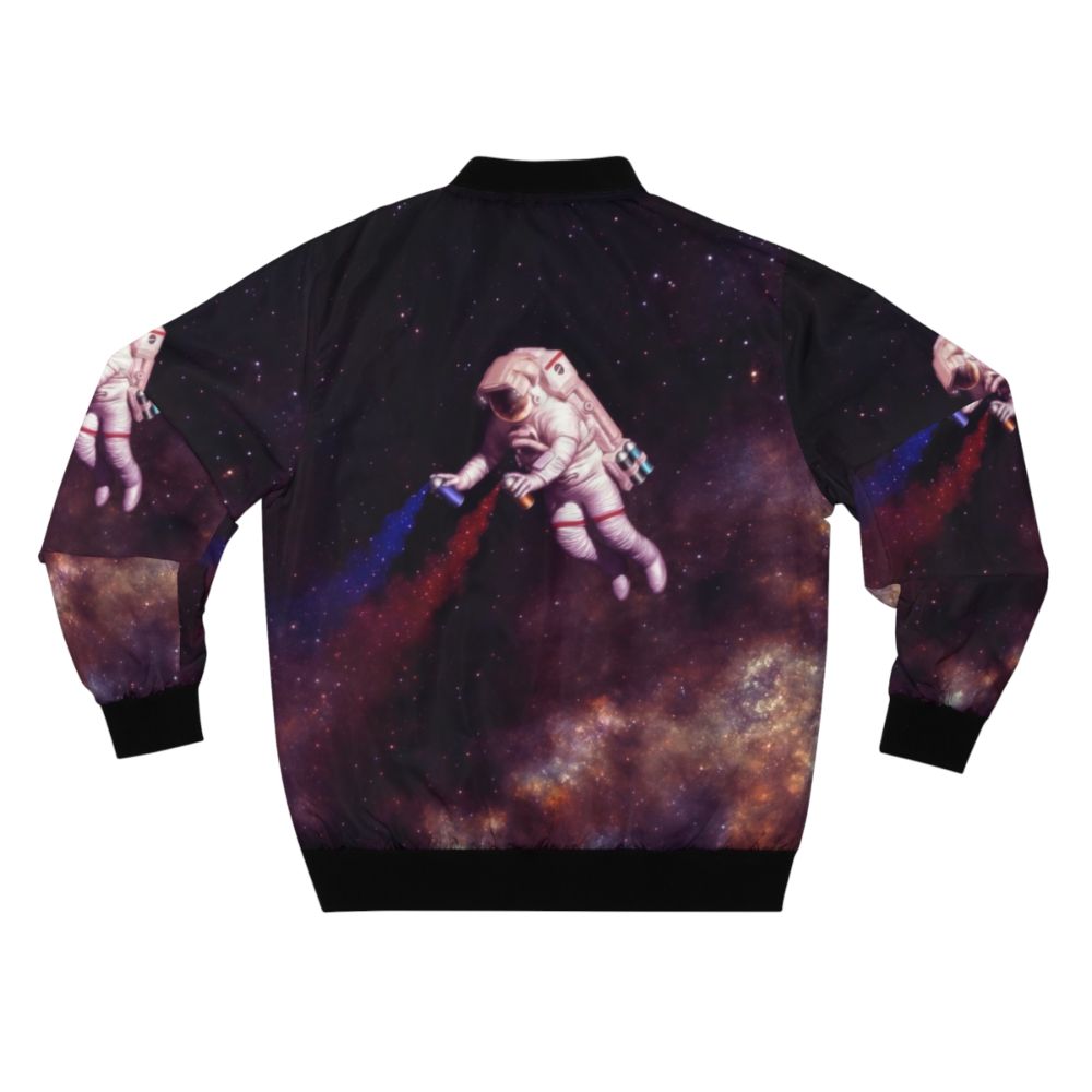 Colorful galaxy-themed bomber jacket with astronaut and spray paint design - Back