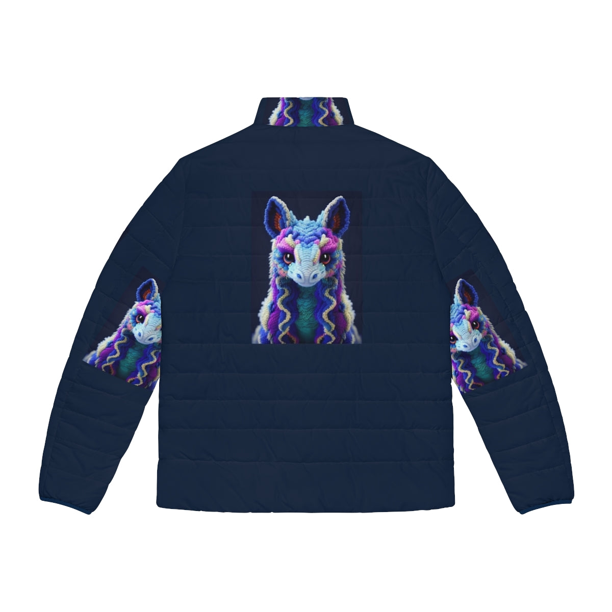 Mythical creature puffer jacket with vibrant, artistic fantasy design - Back