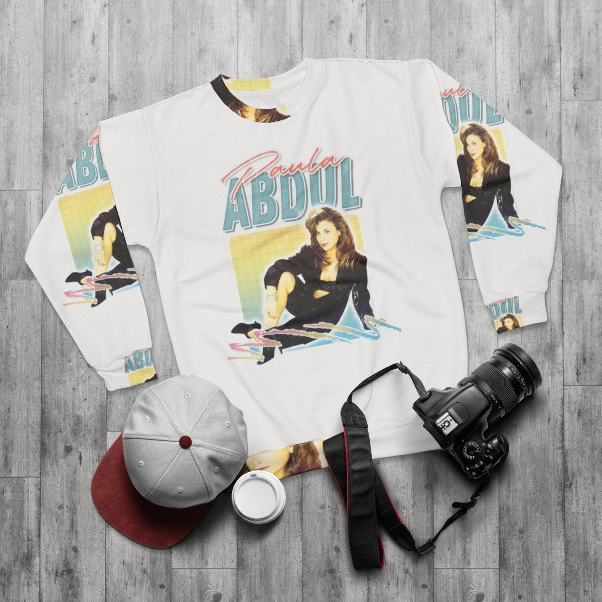 Paula Abdul Sweatshirt with Focus Keyword - flat lay