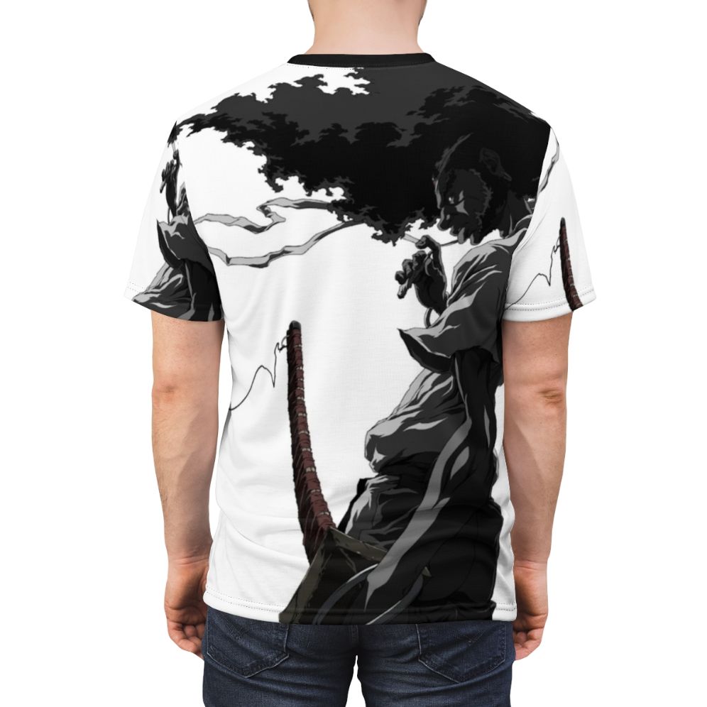 Striking Afro Samurai themed t-shirt design featuring a monochrome samurai character - men back