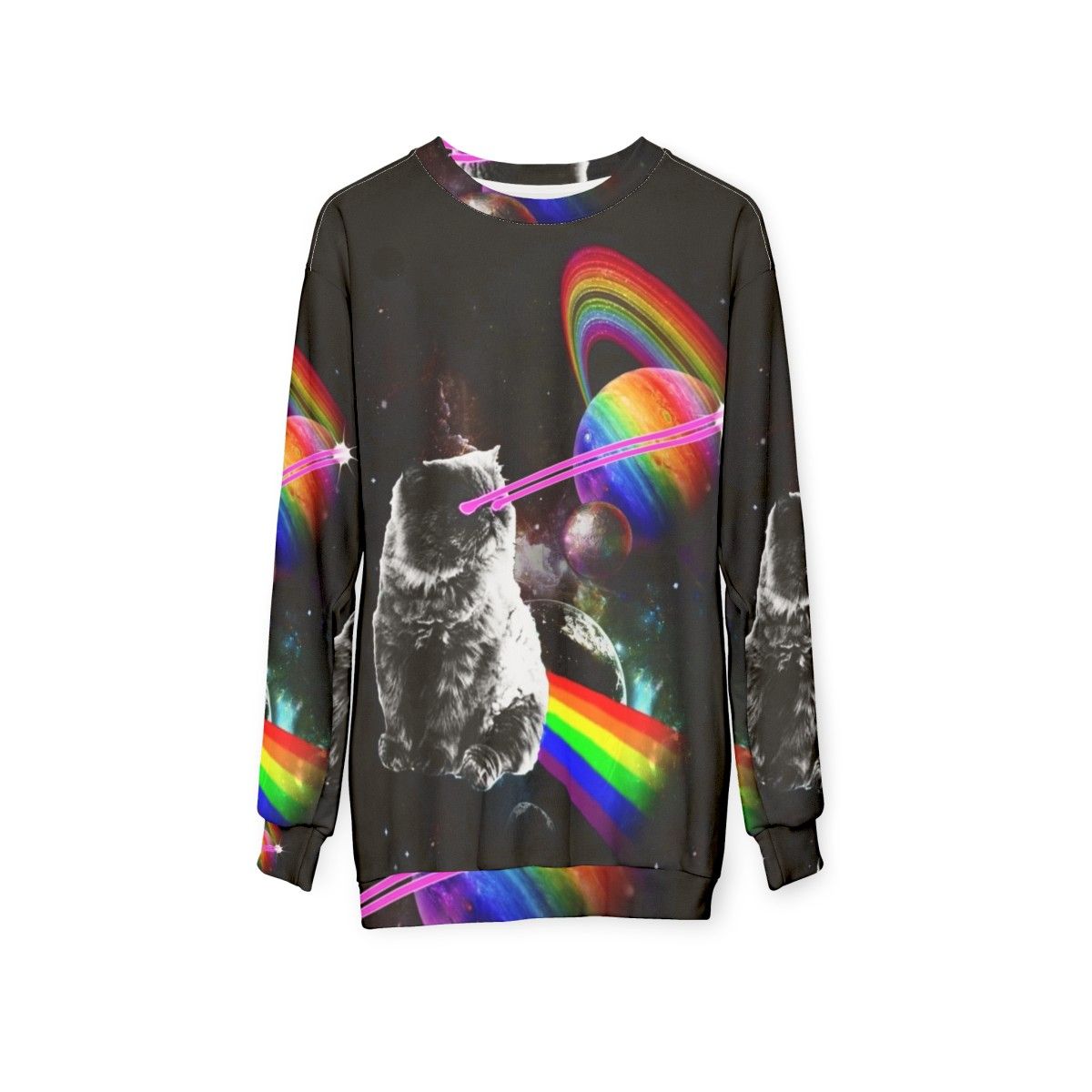 Cosmic cat in a space-themed intergalactic sweatshirt - hanging