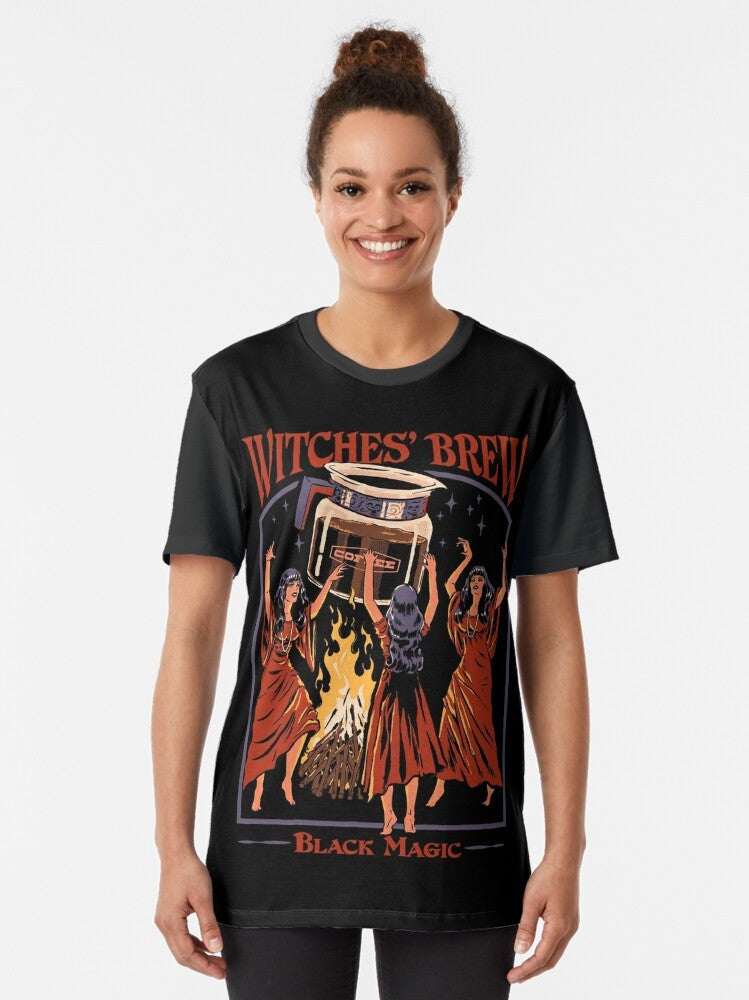 Retro graphic t-shirt featuring a witches' brew design with coffee, fire, and magical elements - Women