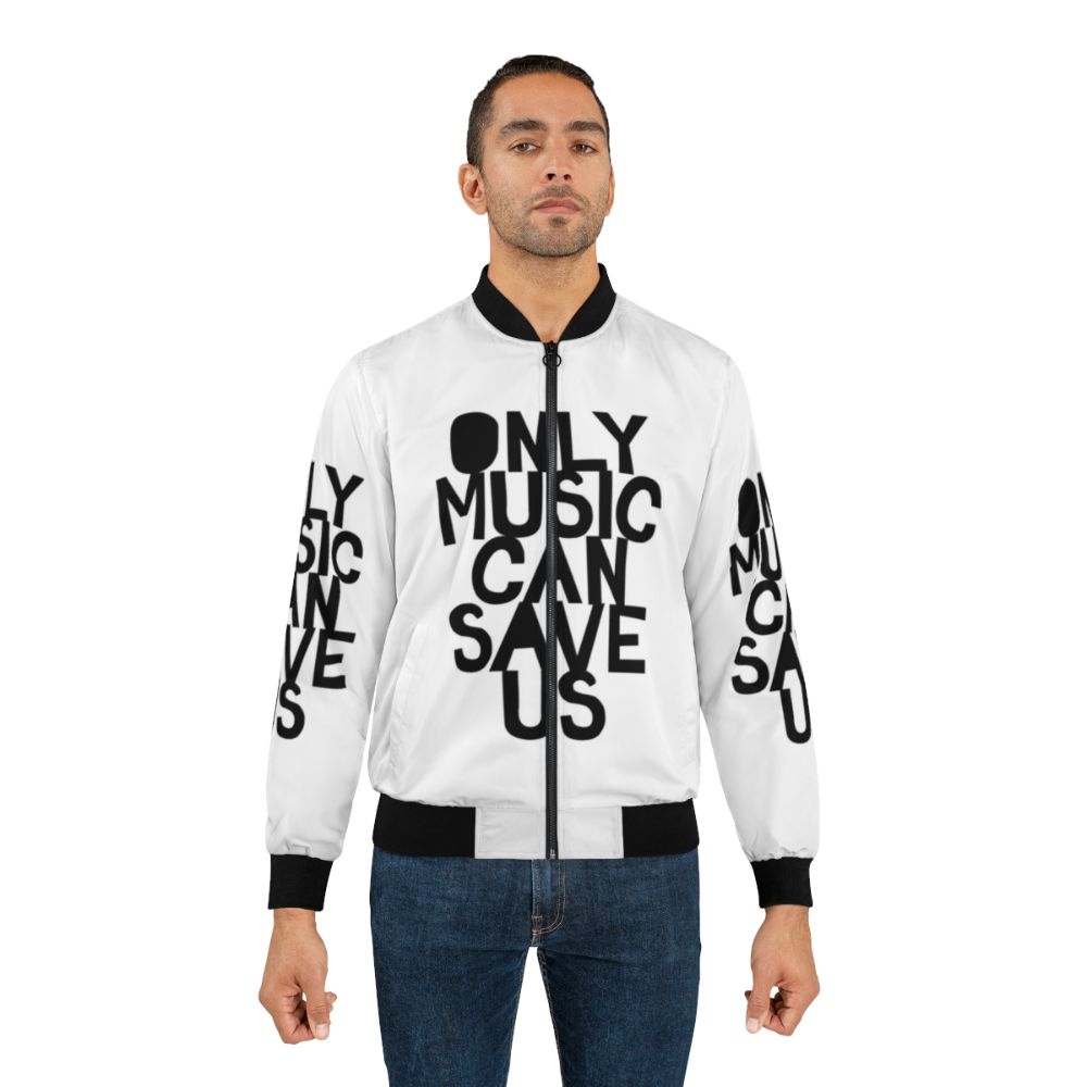 Bomber jacket with hand-drawn "Only Music Can Save Us!" typography and music-inspired design. - Lifestyle