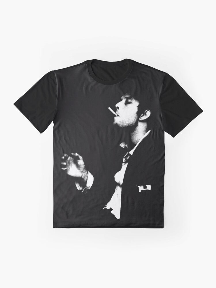 Vintage graphic t-shirt featuring the iconic image of legendary musician Tom Waits - Flat lay