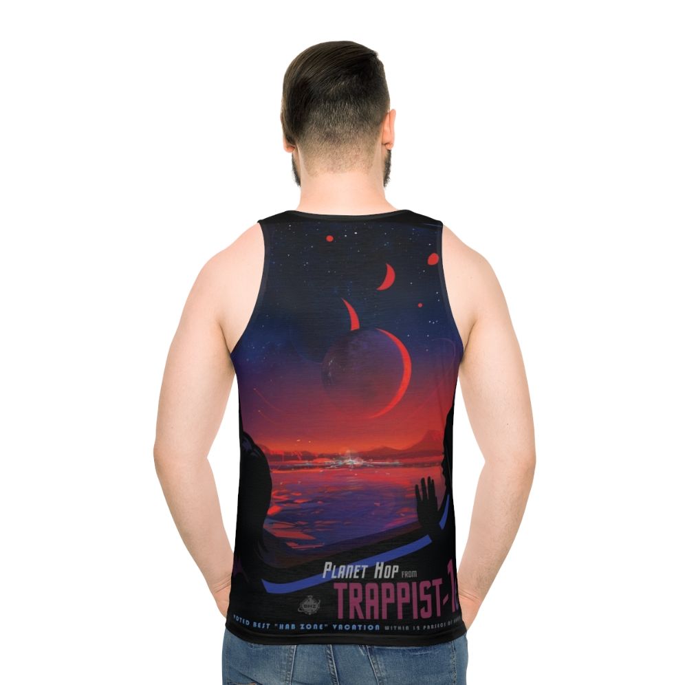 Trappist 1 space travel unisex tank top with vintage NASA and planet design - men back