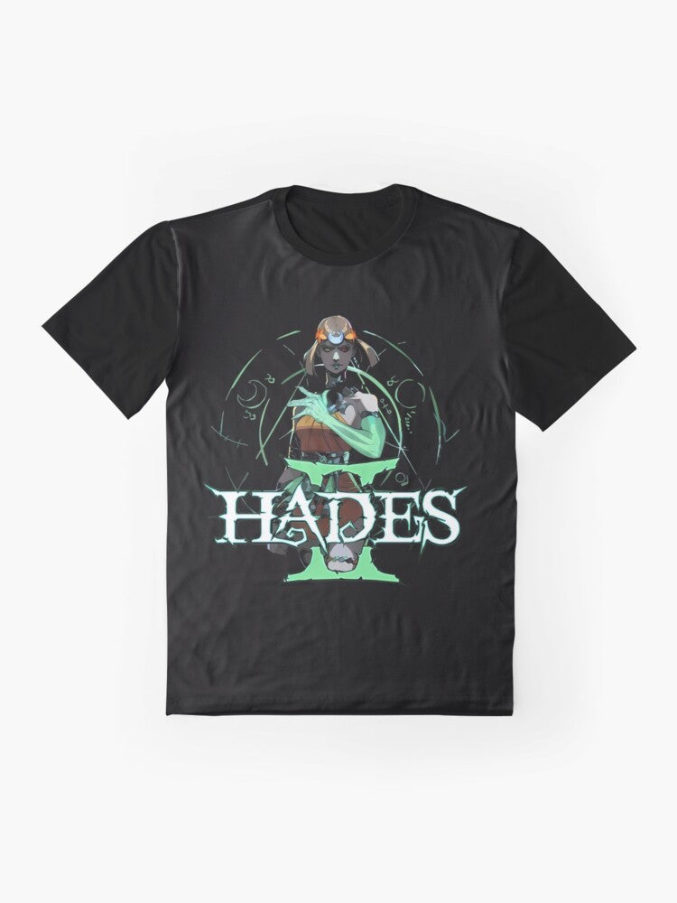 Hades II Melinoe Graphic T-Shirt featuring the logo and characters from the popular Greek mythology-inspired roguelike game - Flat lay