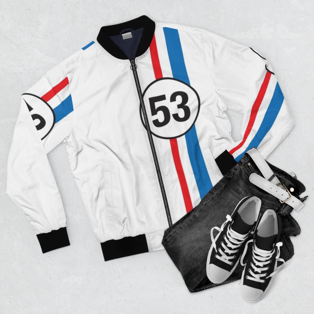 Herbie the Love Bug-inspired retro bomber jacket with vintage beetle design - Flat lay