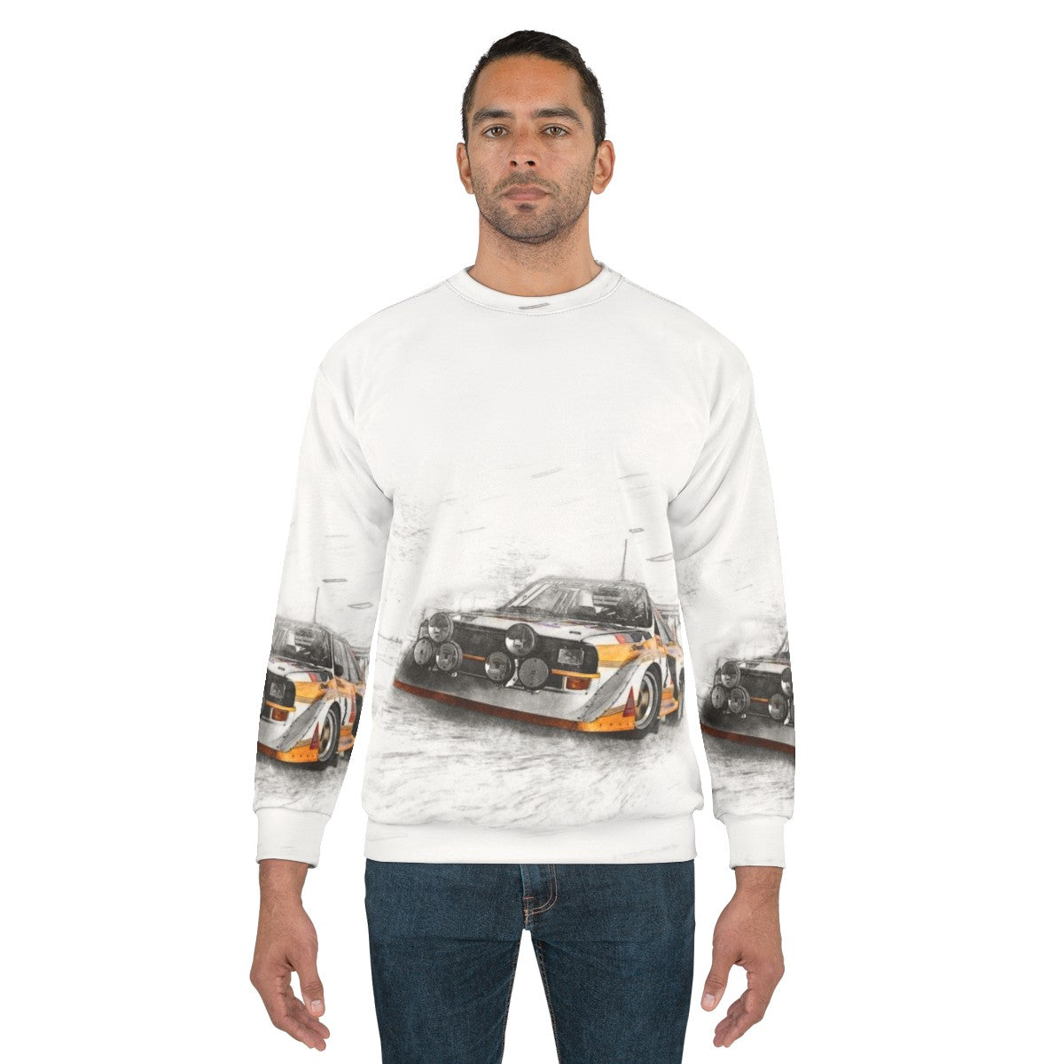 Rally car illustration sweatshirt for motorsport enthusiasts - men