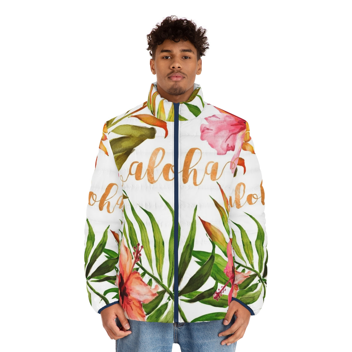 Tropical watercolor floral patterned puffer jacket - men front