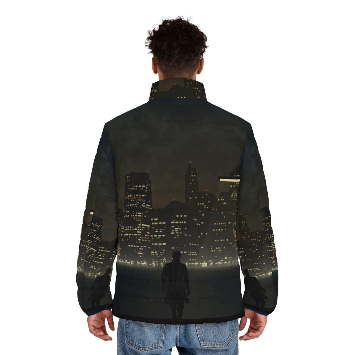 Deus Ex cyberpunk-inspired puffer jacket with warriors and landscapes design - men back