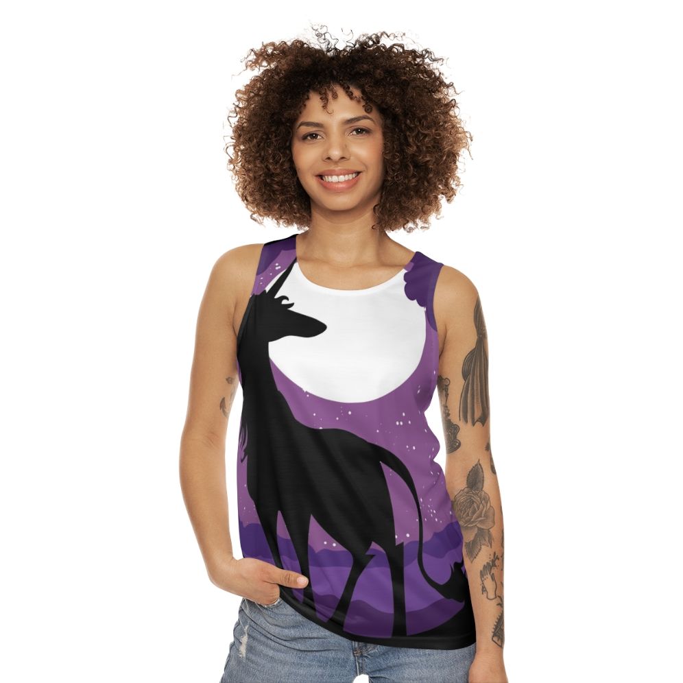 Unisex tank top with a unicorn in a moonlit forest design - women