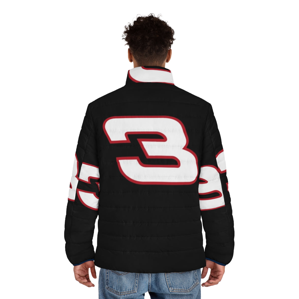 A black and white puffer jacket with the number 3 design, representing the iconic legacy of Dale Earnhardt in NASCAR racing. - men back