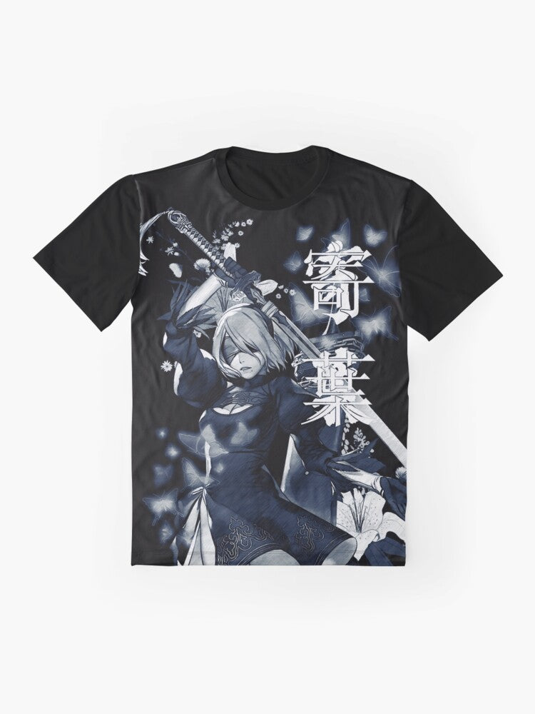 A fantasy-inspired graphic t-shirt featuring the Nier Automata character 2B in a floral and dark design. - Flat lay