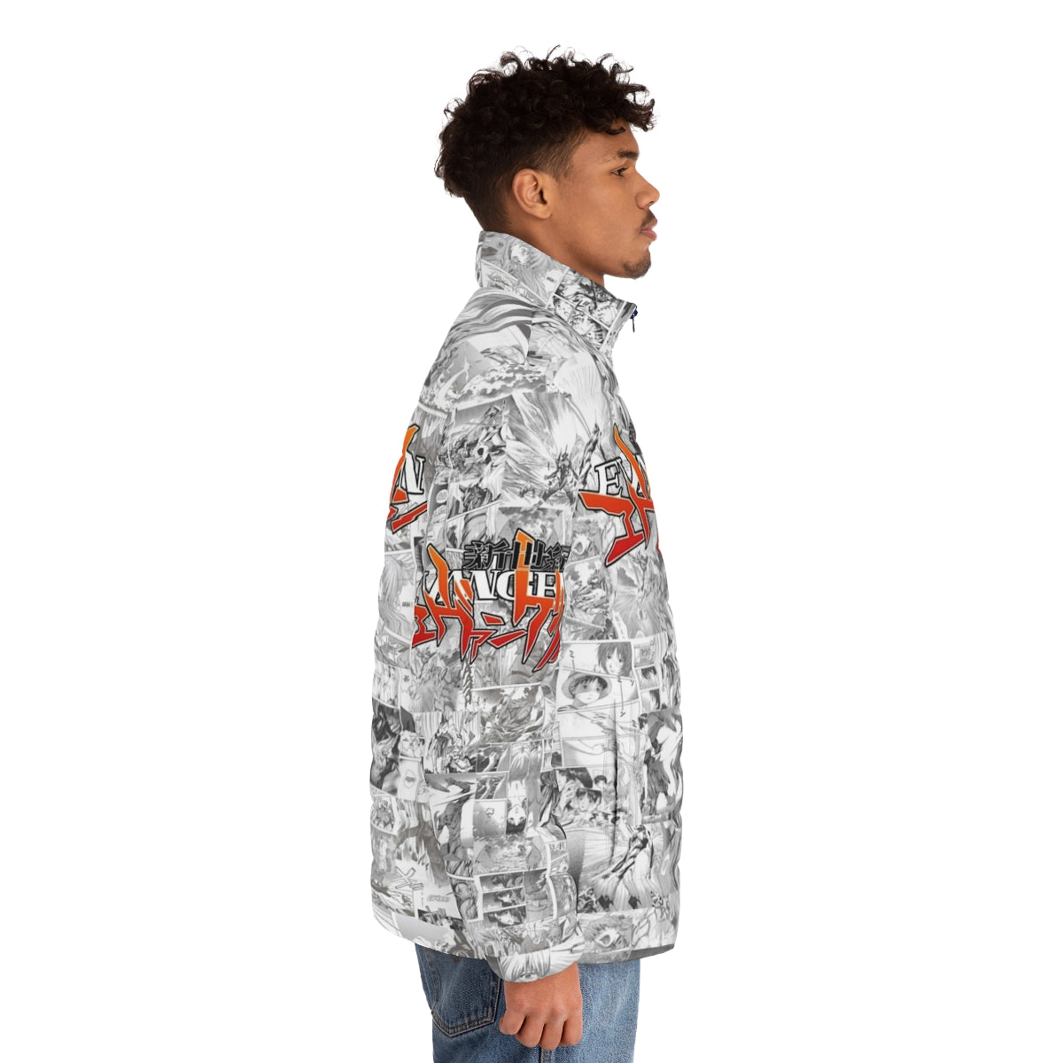 Evangelion puffer jacket featuring iconic mecha anime characters - men side right