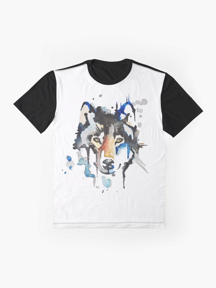 Watercolor wolf graphic design on a black t-shirt, featuring a stylized, abstract wolf illustration in shades of blue and gray. - Flat lay