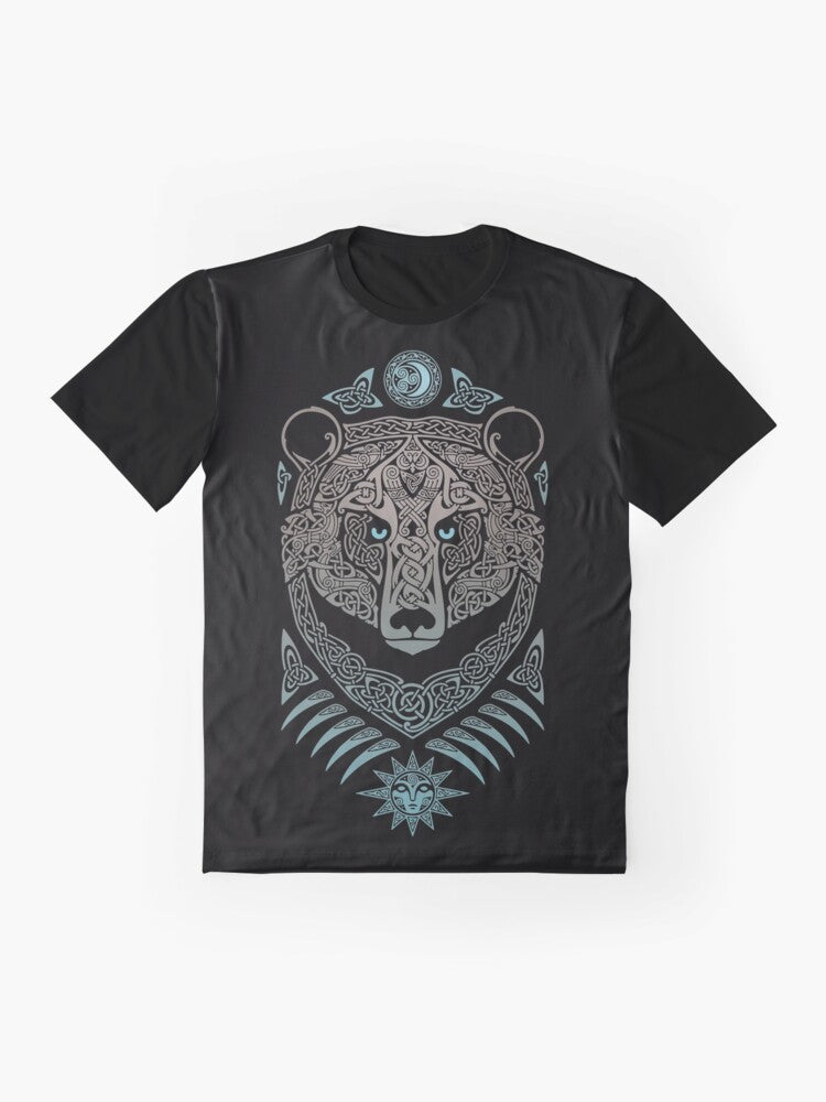 Tribal and mystical forest lord t-shirt design featuring a bear, owls, ravens, and Celtic knotwork. - Flat lay