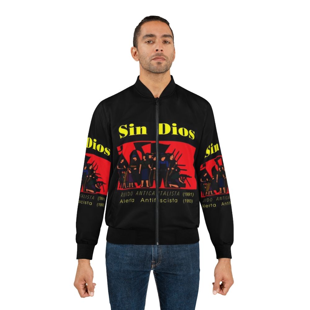 Anti-fascist punk-style bomber jacket with graphic design, made in Madrid, Spain - Lifestyle