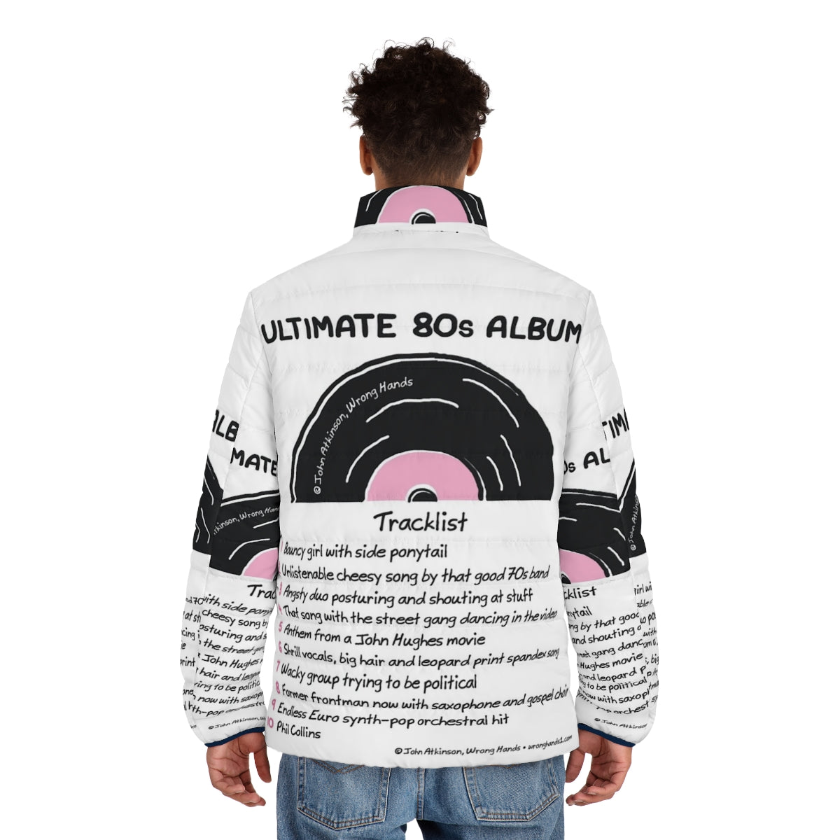 Puffer jacket featuring a retro 80s album cover design - men back