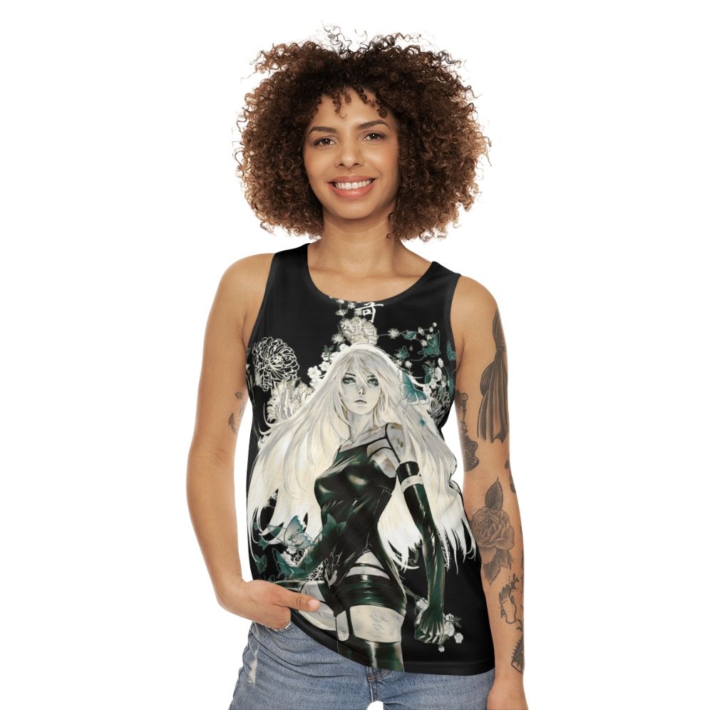 Unisex tank top with butterfly and floral design in a dark, fantasy style - women