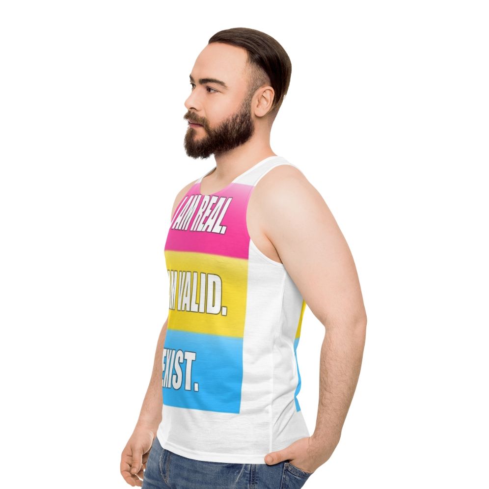 Pansexual pride unisex tank top with the text "I Am Real, I Am Valid, I Exist" - men side