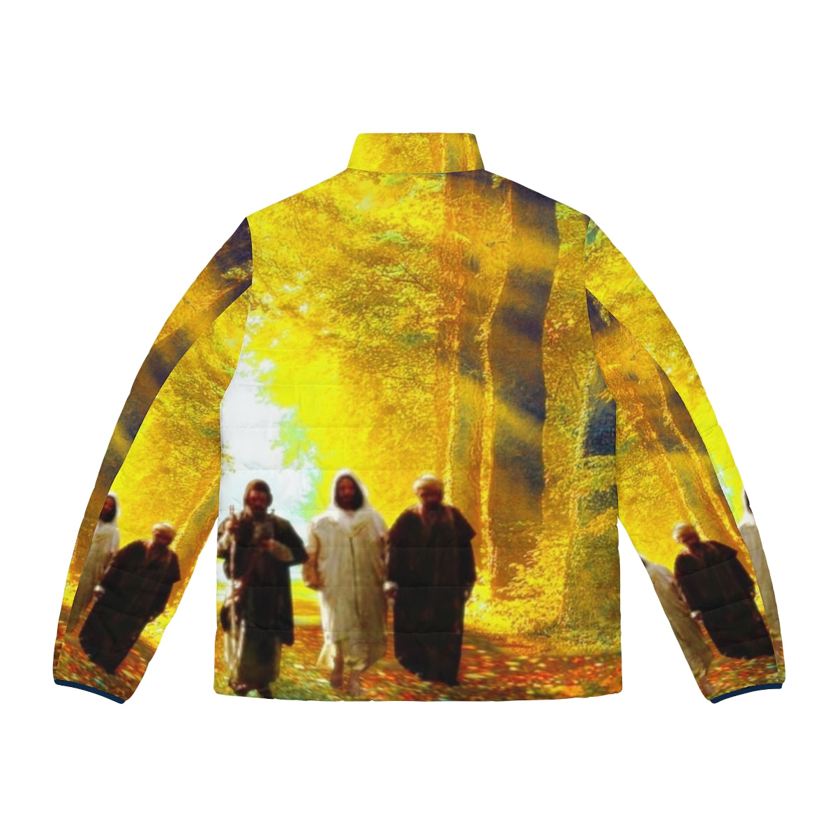 Road to Emmaus Puffer Jacket featuring a Christian religious design - Back