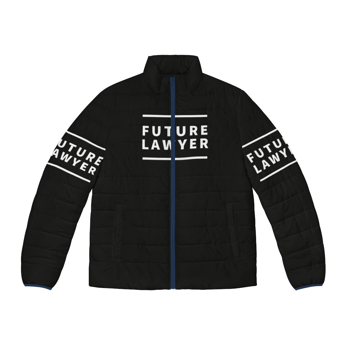 A stylish puffer jacket for future lawyers, featuring the text "Note The Future Lawyer"