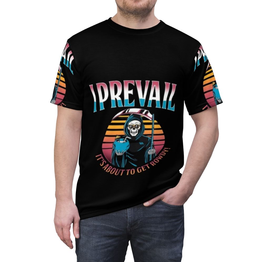 Metalcore-inspired graphic t-shirt featuring the I Prevail logo and band name - men front