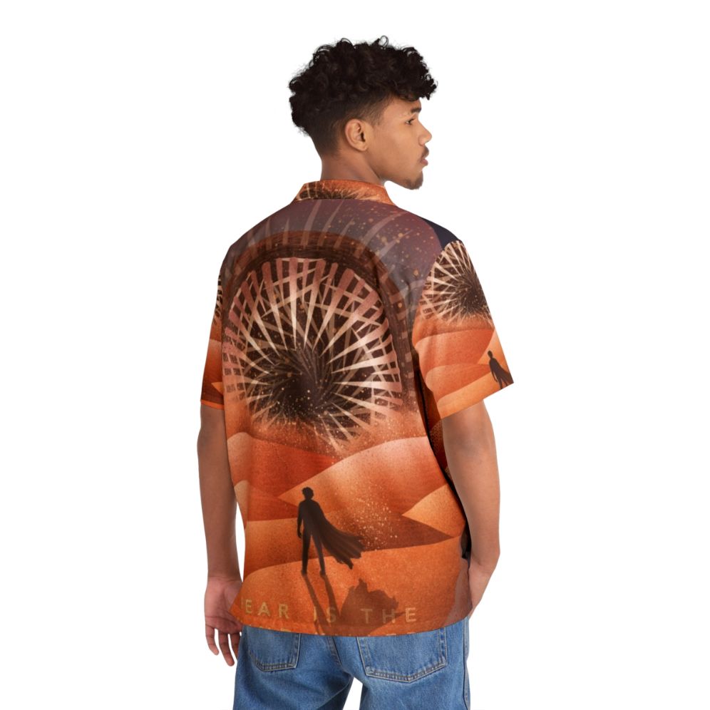 Dune-inspired Hawaiian shirt with sandworm and desert motifs - People Back