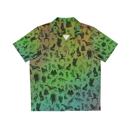 Colorful Hawaiian shirt with rainbow cryptid designs including sasquatch, mothman, and other mythical creatures