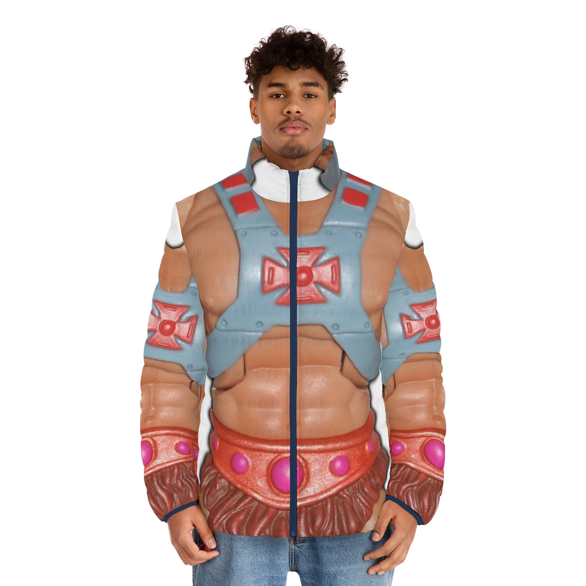 Puffer jacket featuring a He-Man action figure graphic design - men front