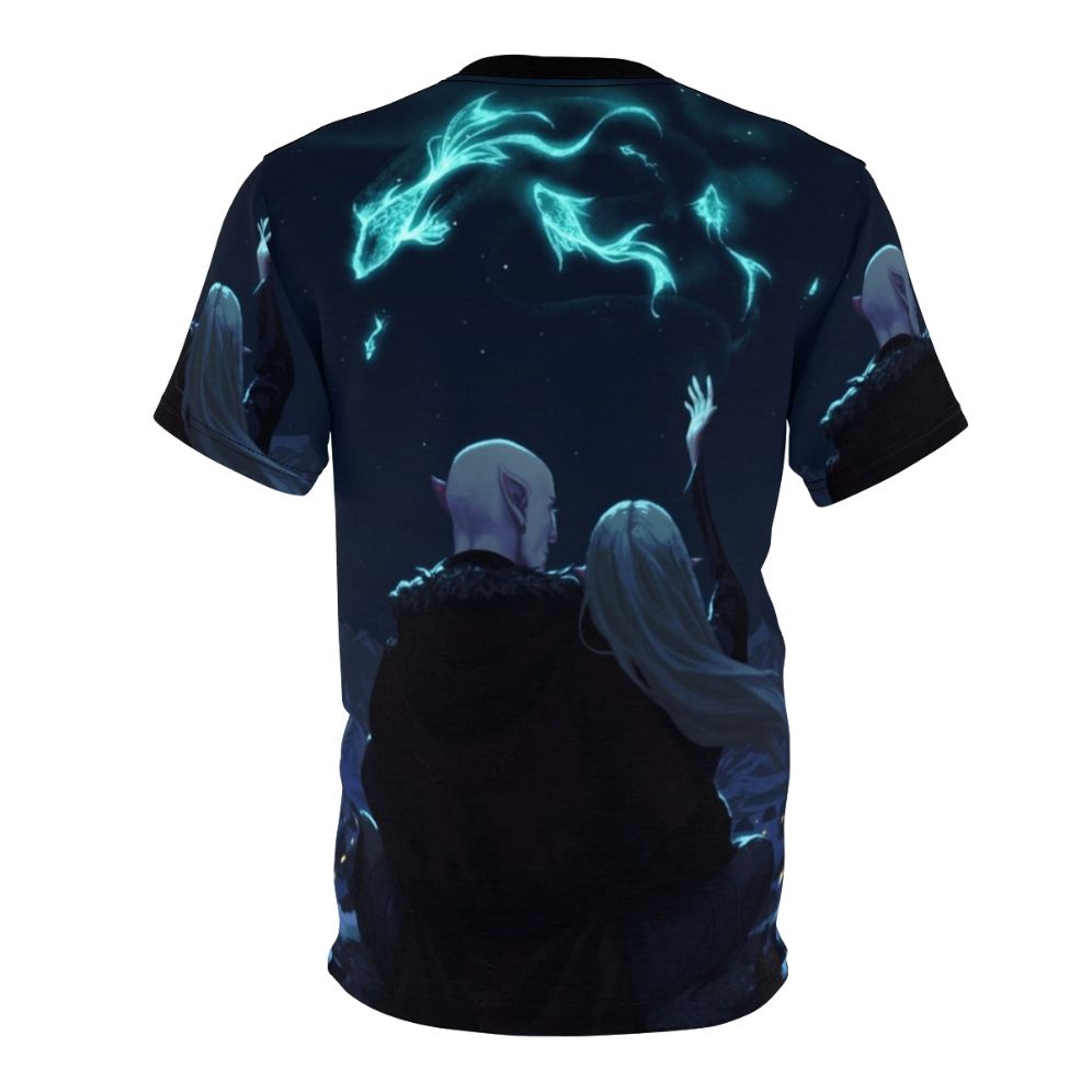 Enchanting fantasy-inspired AOP t-shirt featuring an elf couple from the Dragon Age series - Back