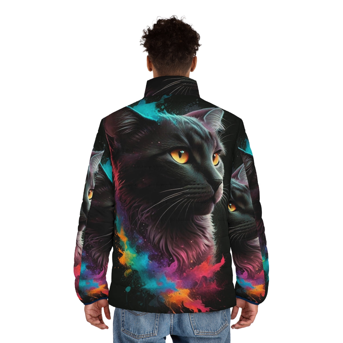 A colorful and whimsical puffer jacket featuring a vibrant splash cat design. - men back