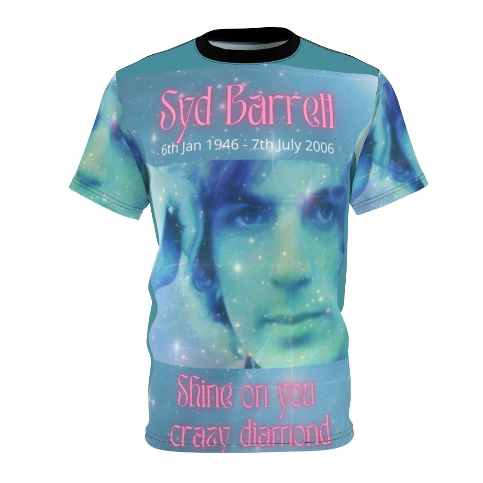 Stylized t-shirt design featuring Syd Barrett, the founding member and original frontman of the iconic band Pink Floyd