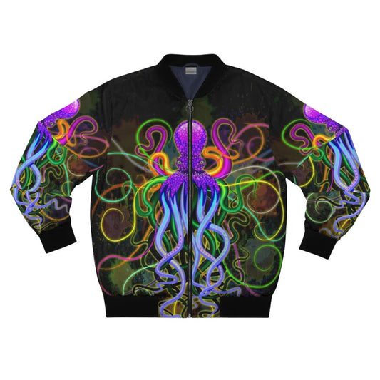 Colorful psychedelic octopus design on a bomber jacket with luminescent effects