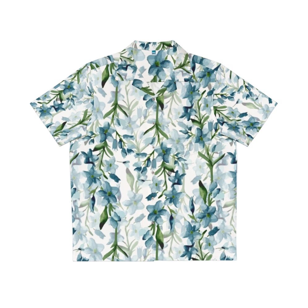 Blue Branches Hawaiian Shirt with Tropical Floral Watercolor Pattern