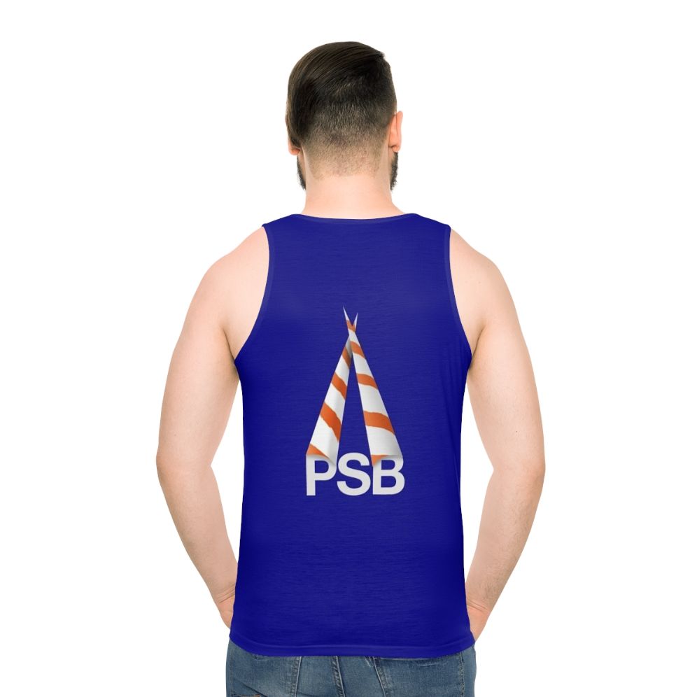 Retro unisex tank top with synth-pop and 1980s style design - men back