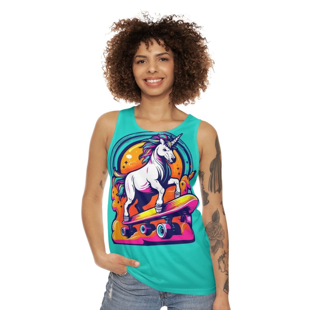 Neon unicorn skateboarding unisex tank top - women