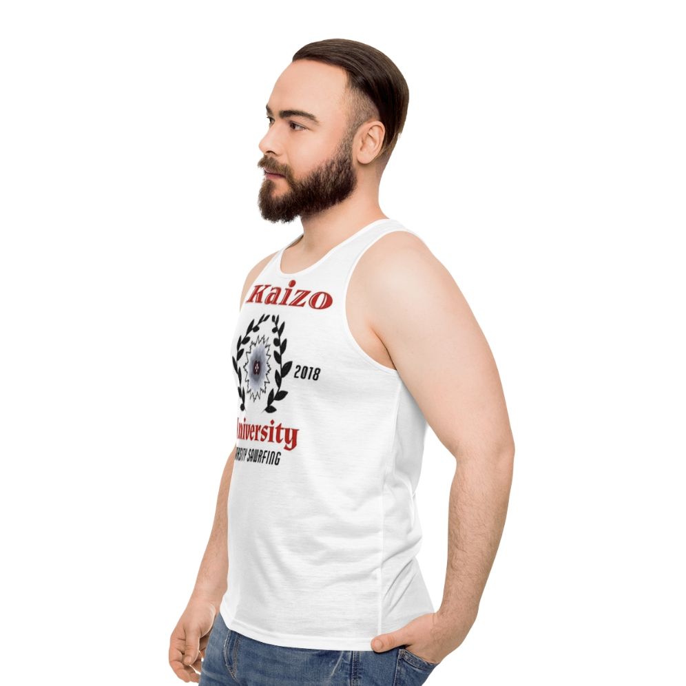 Varsity-style unisex tank top with sawrfing and saw blade design - men side