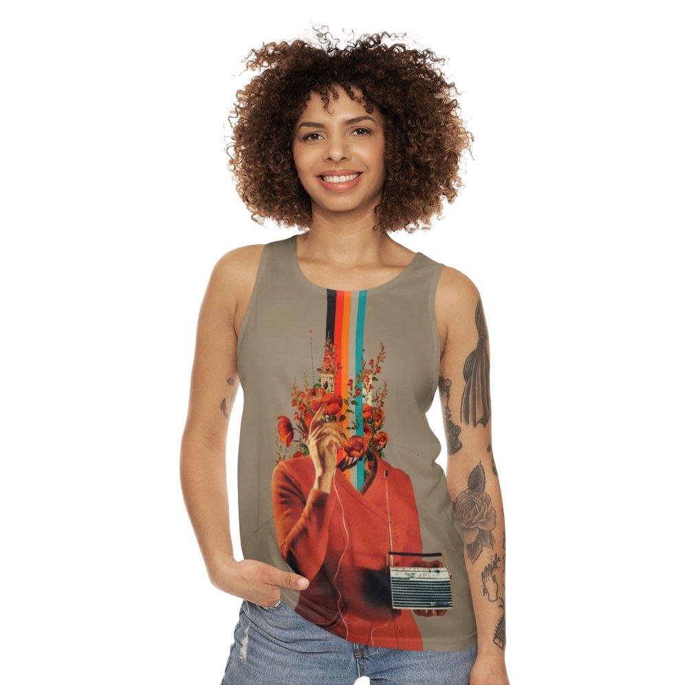 Retro unisex tank top with surreal pop art floral design - women